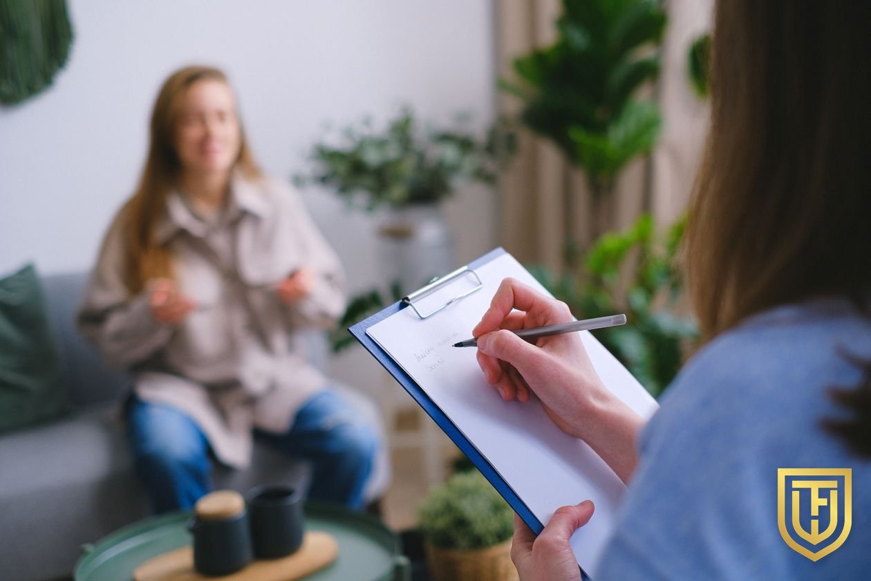Clinician taking notes on a clipboard during a session with a client