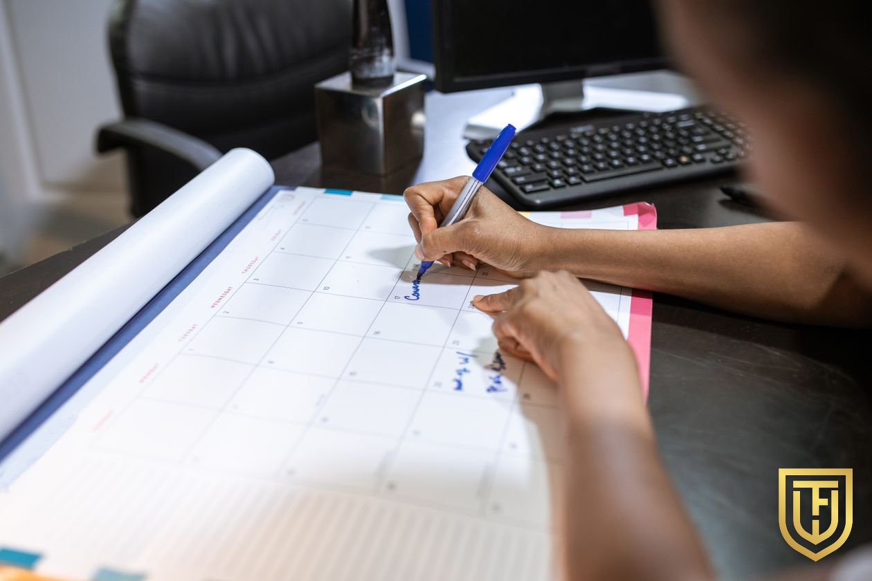 Person marking shifts on a large monthly desk calendar